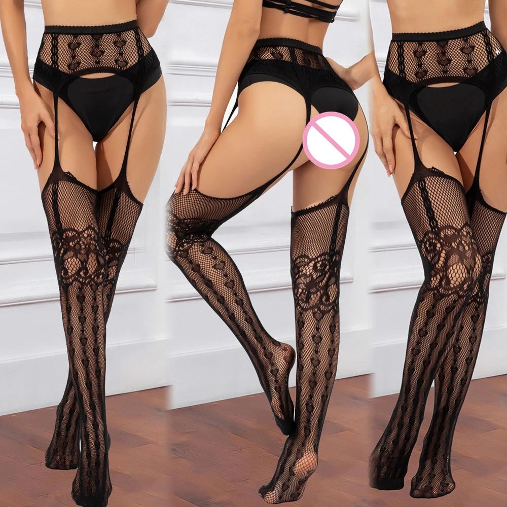 Women Long Fishnet Stockings Clothing Sexy Mesh Hollow Out Suspender Pantyhose Erotic Transparent High Over Knee Socks Costume