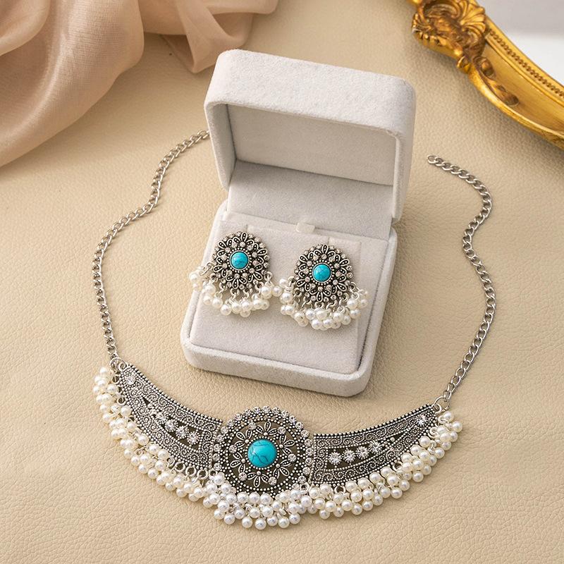 

Комплект из двух индивидуальных серег с микро-инкрустацией из жемчуга, преувеличенный комплект украшений в форме цветка в этническом стиле 41cm