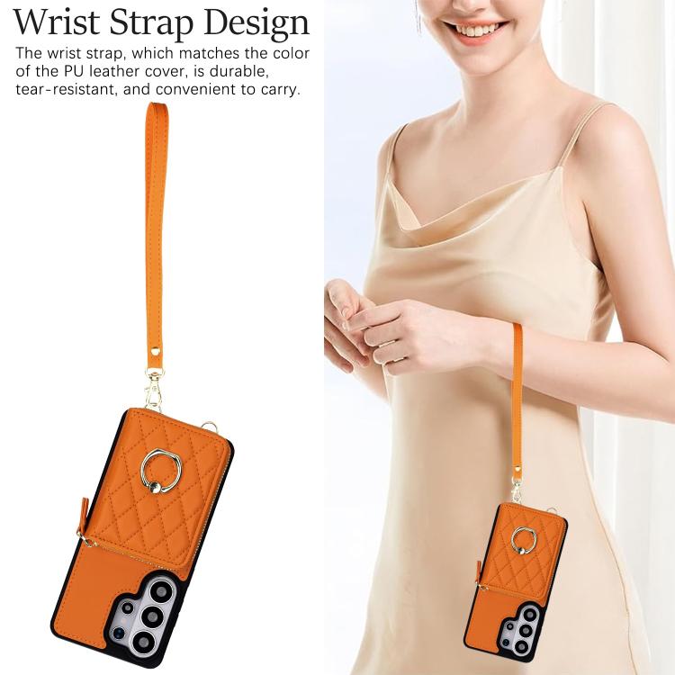 RFID Blocking Crossbody Rhombic Zipper Wallet Shockproof Phone Case With Ring Holder For Galaxy S22 Ultra 5G