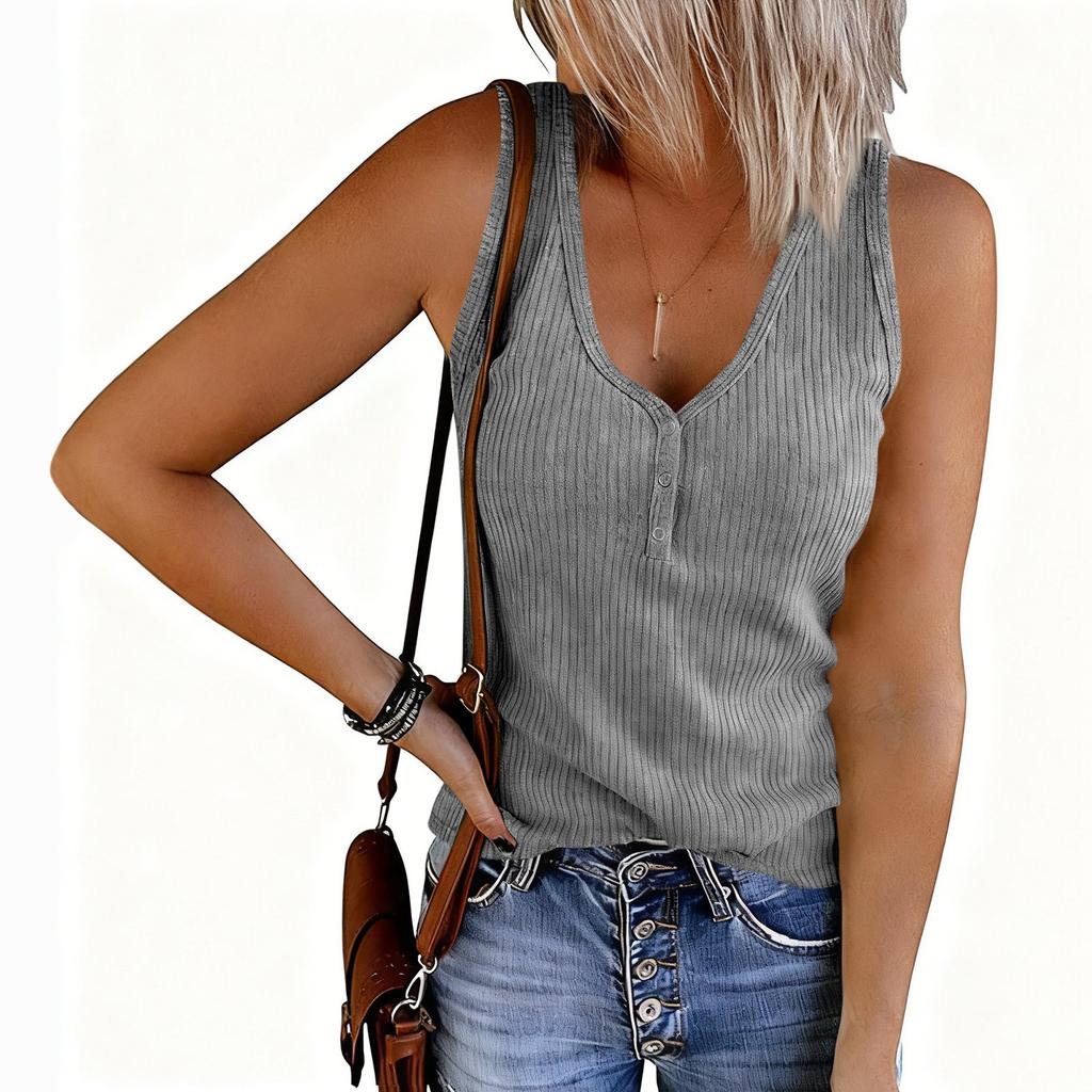 Women's Fashion Color V-neck Sleeveless Button Knitted Tank Top