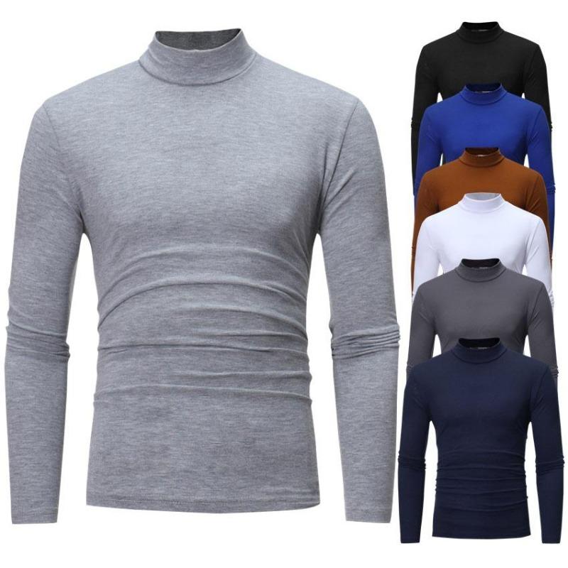 Men's Solid Color Long Sleeve T-Shirt Casual Basic High Neck Design Bottom Shirt Plus Size