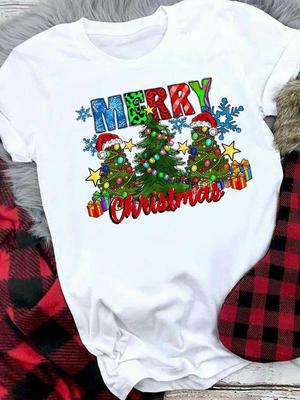 (Asiatische Größe) süßes schönes 90er Jahre Merry Christmas T-Shirt Oberteil Festival Neujahrsfest Lässig Damen Kurzarm Mode Damen Druck Grafik T-Shirts