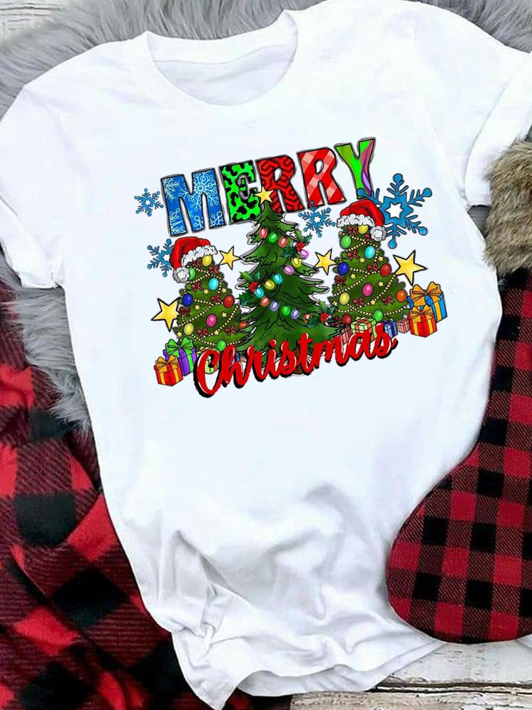 (Asian Size) Plaid Tree Style Cute Merry Christmas Tee Top Festival   New Year Holiday Casual  Lady Short Sleeve Fashion Women Print Graphic T-shirts