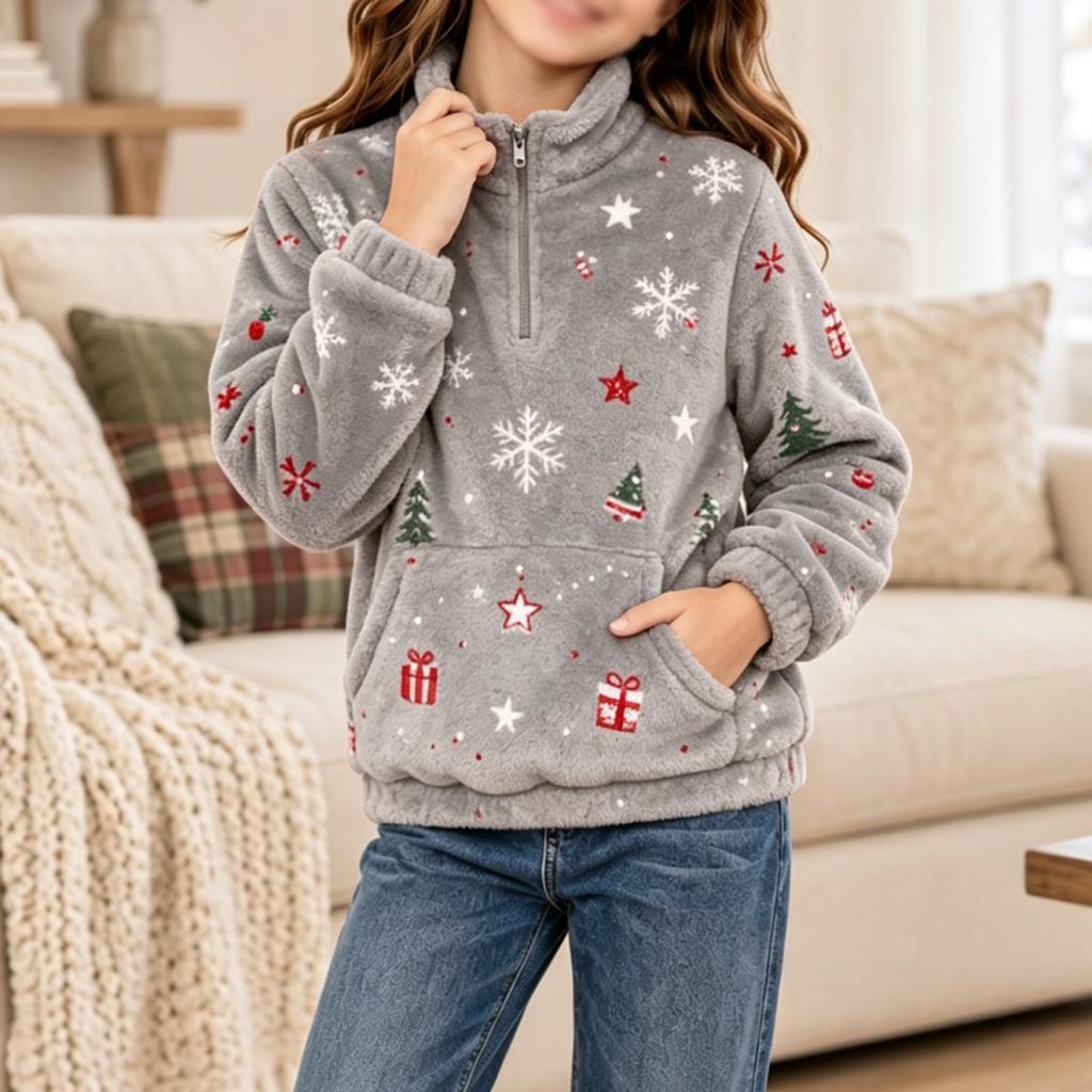 Boys Girls Christmas Sweatshirt, Pattern Long Sleeve Stand Collar Pullover for Fall Winter, Casual Comfortable Top