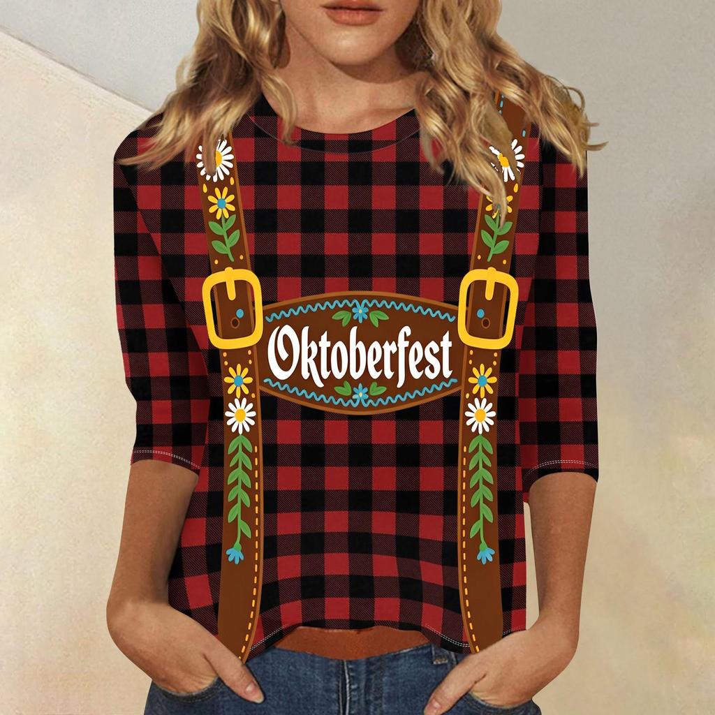 Damen Casual Oberteil mit Dreiviertelärm, Oktoberfest-Print, Rundhalsausschnitt, Leicht, Bequeme Passform für Saisonale Veranstaltungen und den Alltag