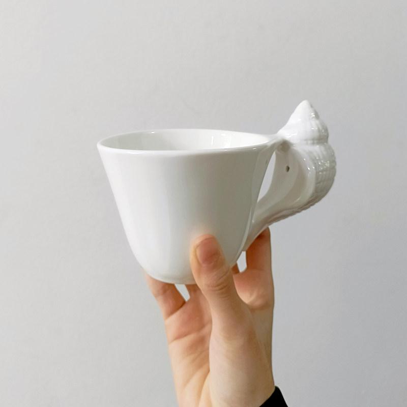 Creative Conch Ceramic Coffee Cup Saucer Set with Shell Handle, Vintage Embossed Shell Coffee Mug, Elegant Afternoon Tea Cup 301-400ml