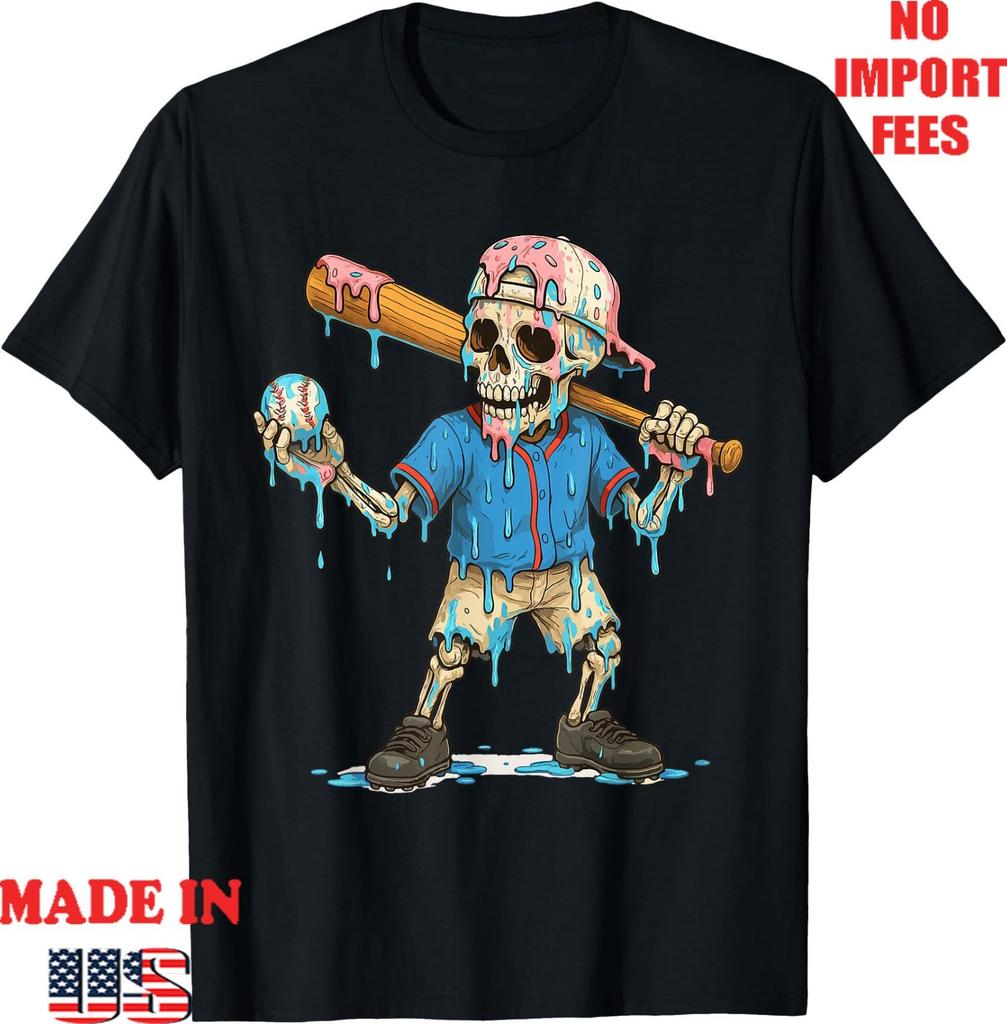 Funny Baseball Skeleton Ice Cream Drip Baseball Men T-Shirt, Kid Adult Tee
