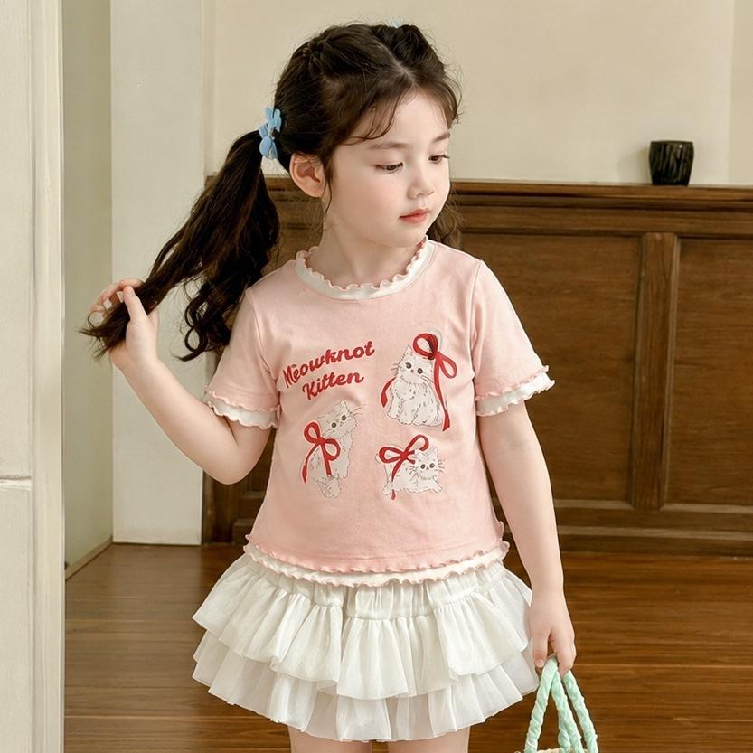 Girls Summer Cute Cartoon Print Short Sleeve Mock Two Piece T Shirt