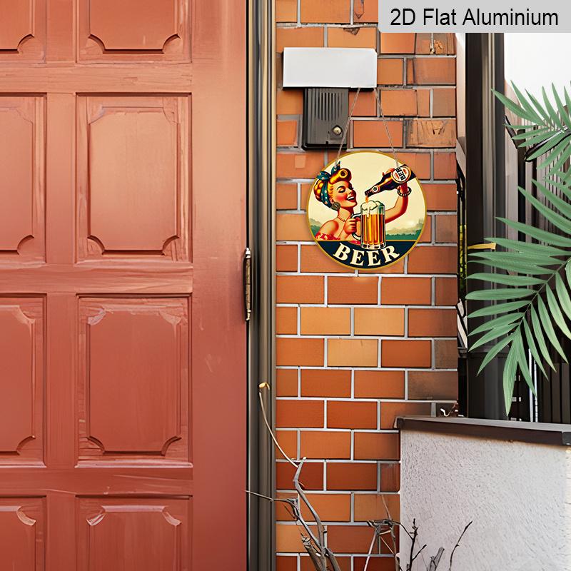 2D Flat Aluminum 7.87 Inch X 7.87 Inch Vintage Woman Pouring Beer Style Wall Hanging. Suitable for Bars, Living Rooms, Home Cellars, Kitchens