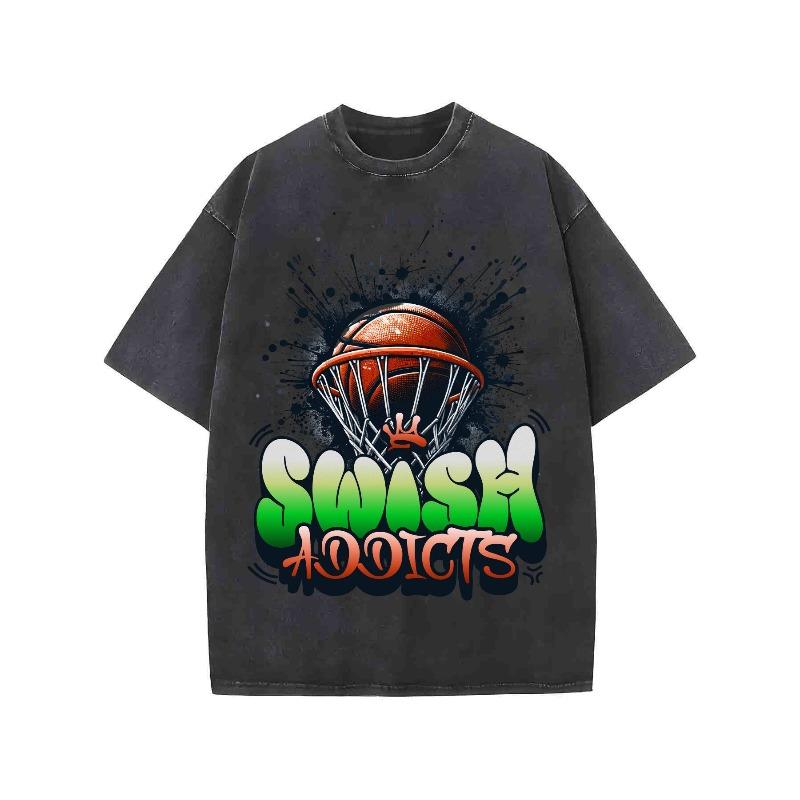 

European sizes Vintage Basketball Graphic Washed Oversized T-shirt, Short Sleeves, Round Neck, for Men, Casual Wear S чёрный