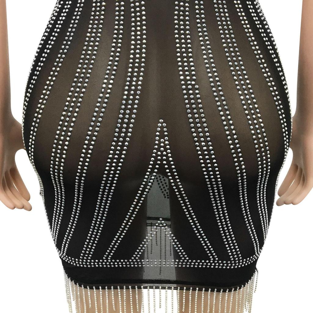 X5633 Strass-Spaghettiträger Fransen Bandagekleid - Sexy Ärmelloses Minikleid
