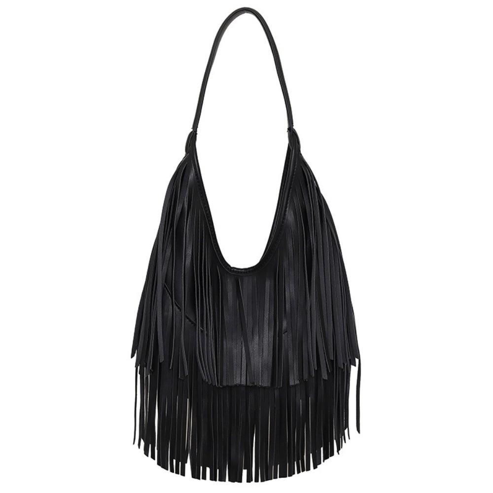 

Soft PU Leather Shoulder Tote Bag Large Capacity Armpit Hobo Bag Gift Long Tassels Handbag Work чёрный