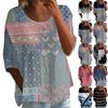 Women's Casual Fashion Three-quarter Sleeve Loose Round Neck Button Plaid Print Top