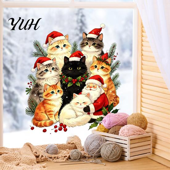 Reusable Glass Stickers Cat Christmas Static Cling Decal, Waterproof PVC Festive Window Sticker, Party Decorations Easy Apply Decorative for
