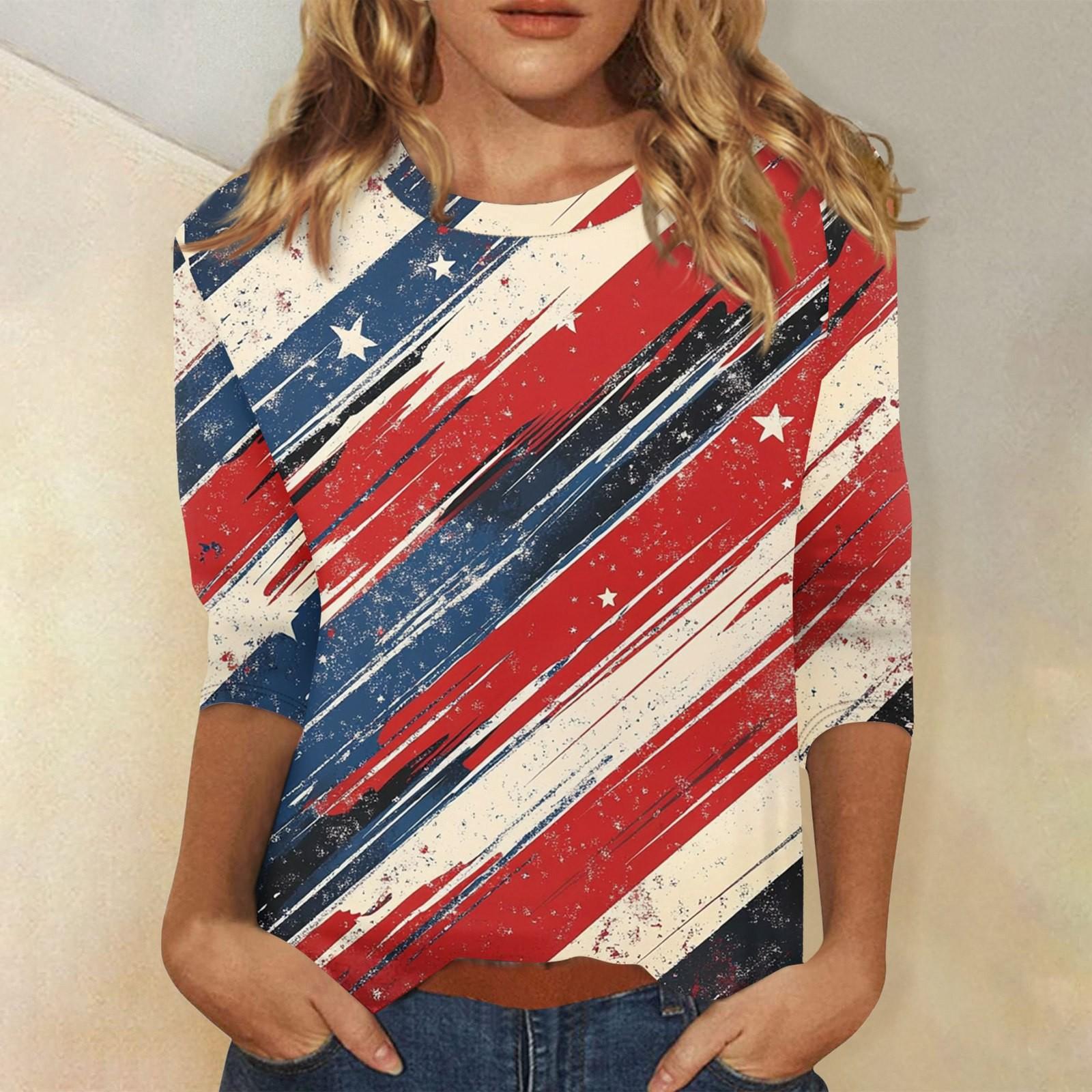 

Женская мода, повседневная свободная футболка с принтом на День независимости и круглым вырезом, рукав 3/4, женский топ S красный