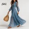 Beach Dress Women Faux Denim Maxi Dress, Mesh Patchwork Long Sleeve Button Simple Style Down Shirt Casual Loose Vintage Summer