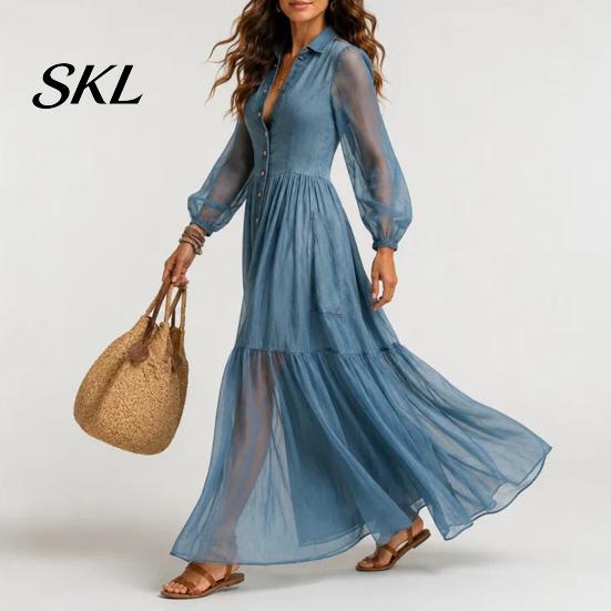 Beach Dress Women Faux Denim Maxi Dress, Mesh Patchwork Long Sleeve Button Simple Style Down Shirt Casual Loose Vintage Summer