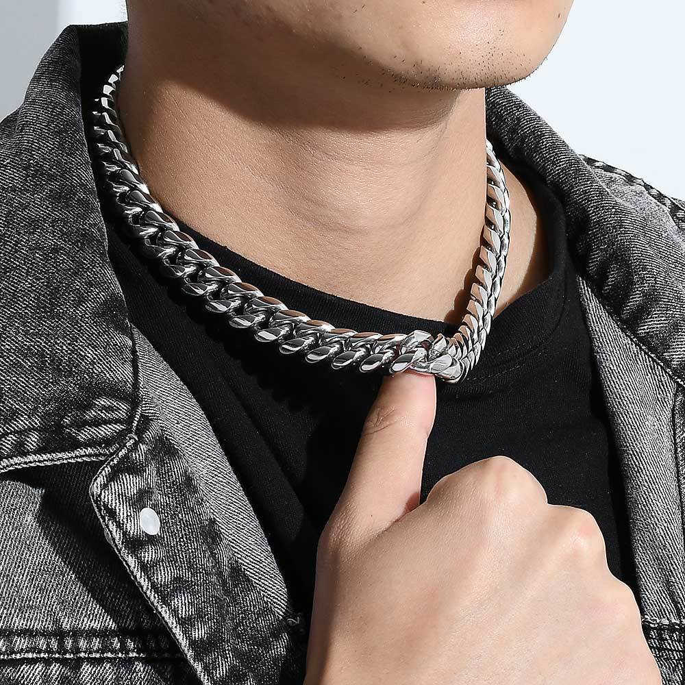 European Hip Hop Men's Necklace 12mm Ddiamante Buckle Stainless Steel Encryption Cuban Link Chain Real Gold Necklace
