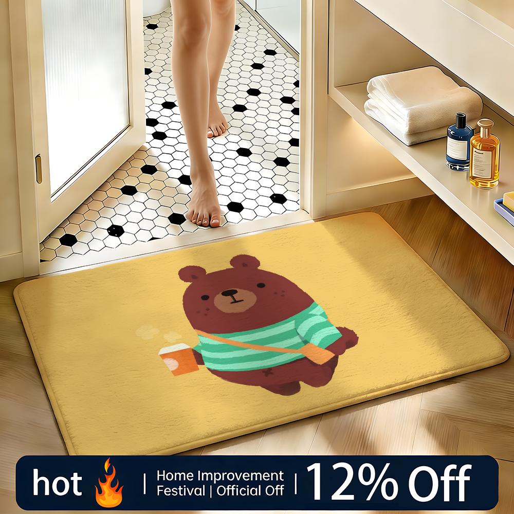 Soft Absorbent Non-Slip Rug Backpack-Wearing Bear Cub Floor Mat Home Decor Doormat Bedroom Floor Mat Shower Carpet