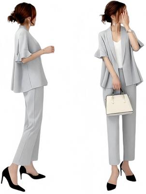 [YUANYUAN] Women's Pantsuit 2-Piece Set: Tailored Jacket & Culottes. Suit Jacket with Waist Tuck, Short Sleeves, Frill Sleeves, Solid Color, Cute and