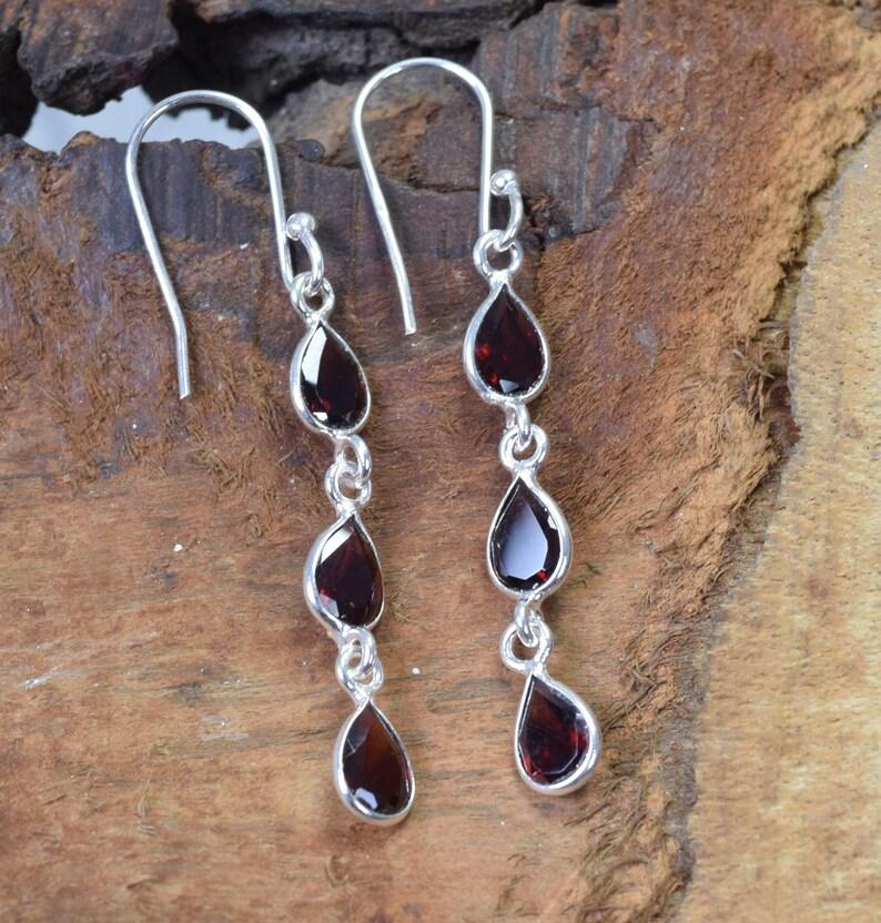 Solid 925 Sterling Silver Garnet Gemstone Handmade Birthstone Earrings Gift For Her