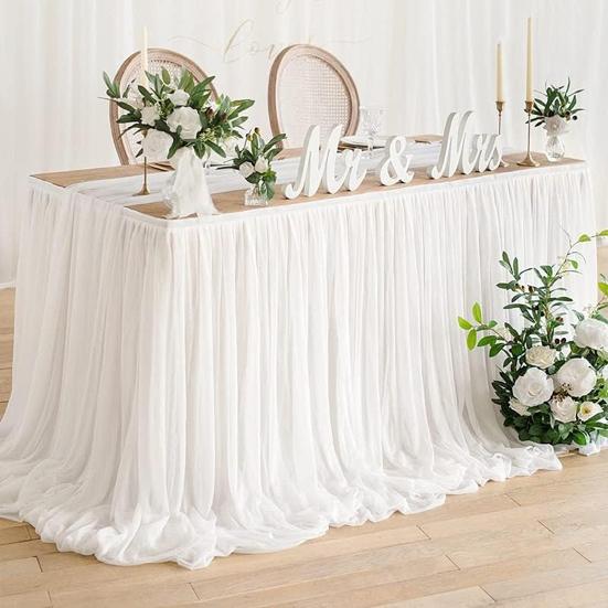 Tulle Table Skirt for Rectangular Tables 4/6/9ft Wrinkle Free Table Cloth with Tutu Skirt Reusable Tablecloth for Wedding Bridal Shower Birthday Party