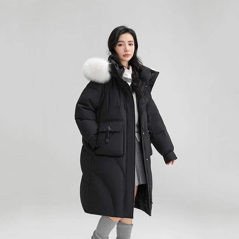 YAYA Women's Fox Fur Collar Long Down Coat