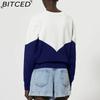 BITCED Women's Winter Colour-Blocked Fleece-Lined O-Neck Sweatshirt