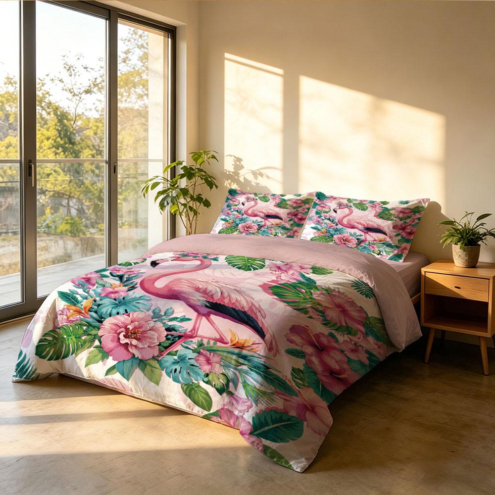 3-teiliges Cartoon-Flamingo-Blumenmuster-Kernloses Bettbezug-Set Mehrere Größen Schlafzimmer Bettwäsche Dekoration Maschinenwaschbar