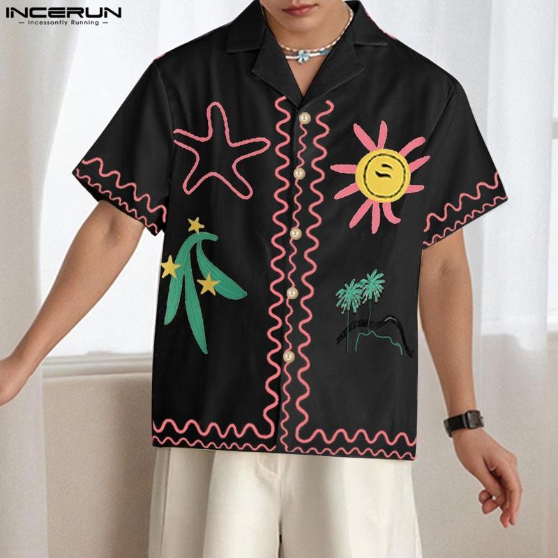 INCERUN S-XXXXXL Men Lapel Neck Short Sleeve Cartoon Print Casual Loose Shirts