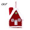Tiered Tray Display Figurine Plush Christmas House Hanging Ornament, Fabric Gingerbread Cabin Pendant with Red And White Keepsake Rope, Xmas Tree for