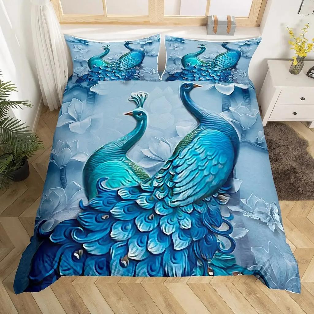 Peacock Feather Duvet Cover Set Full Queen Size Birds Feather Bedding Sets Chic Fantasy Peacock Feathers Comforter Cover