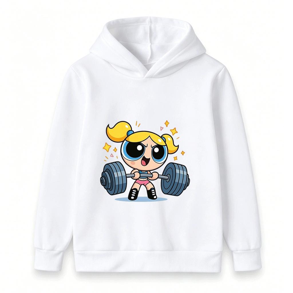 Kids Boys Girls Pullover Hoodie, Cute Bubbles Powerpuff Weight Lifting Cartoon Print Casual Soft Hooded Sweatshirt for Children Daily Wear
