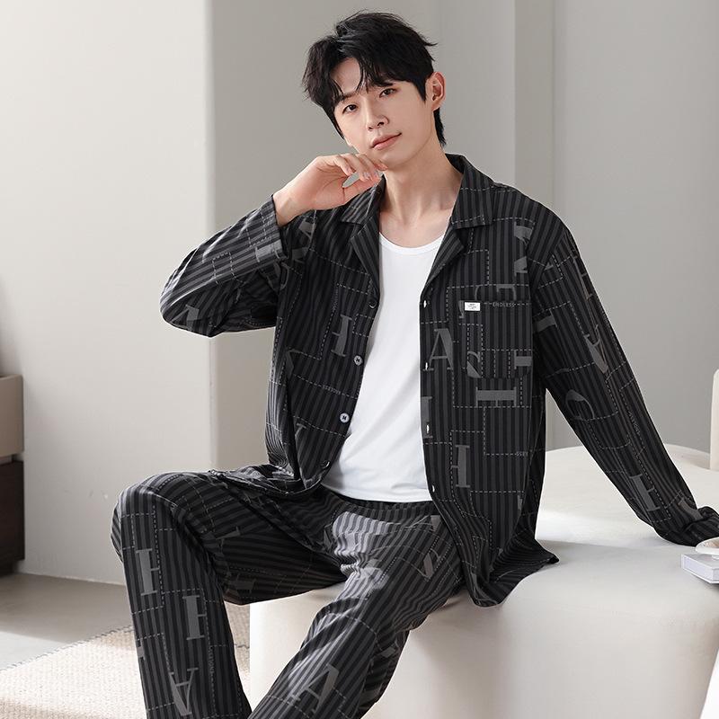 Men'S Pajamas Men'S Spring And Autumn Cotton Long-Sleeved Autumn And Winter Autumn Cotton Loungewear Set