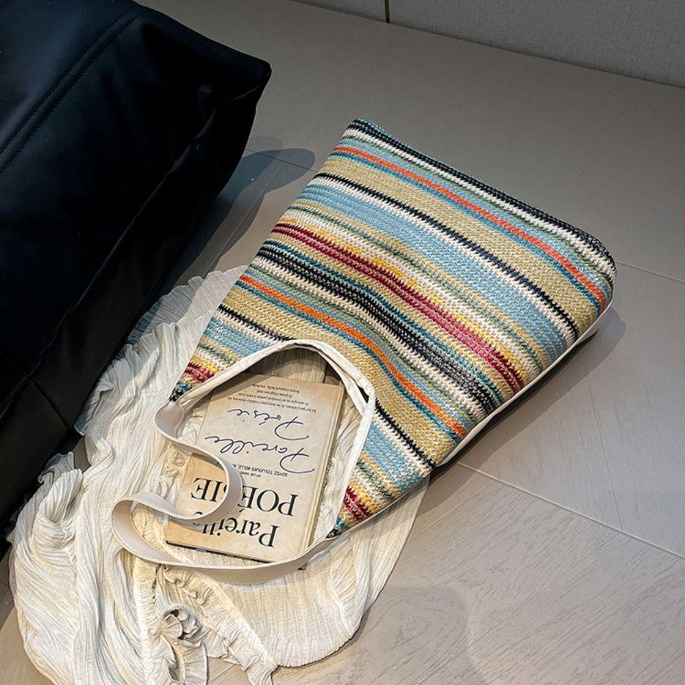 Bohemian Style Weave Straw Bag Large Capacity Hollow Tote Bag Simple Rainbow Beach Bag  Vacation