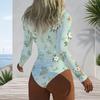 Women Plus Size Long Sleeve High Neck Zipper Floral Print One Piece Swimsuit White Blue Yellow