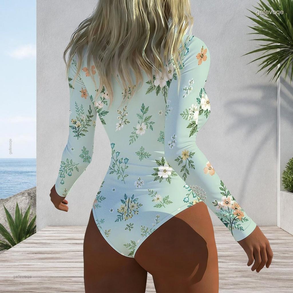 Women Plus Size Long Sleeve High Neck Zipper Floral Print One Piece Swimsuit White Blue Yellow