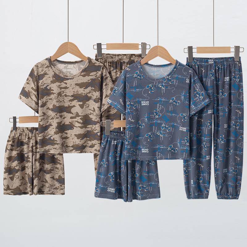 3pcs Summer Children's Printing Short-sleeved Shorts 9 Pants Suit Boys and Girls Comfortable Pajamas Can Be Worn Outside