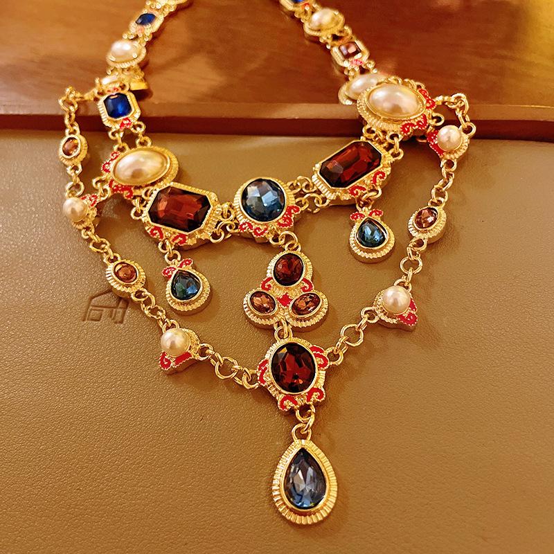 Pre-owned Vintage Retro Diamond-Encrusted Round Necklace & Clavicle Chain Set