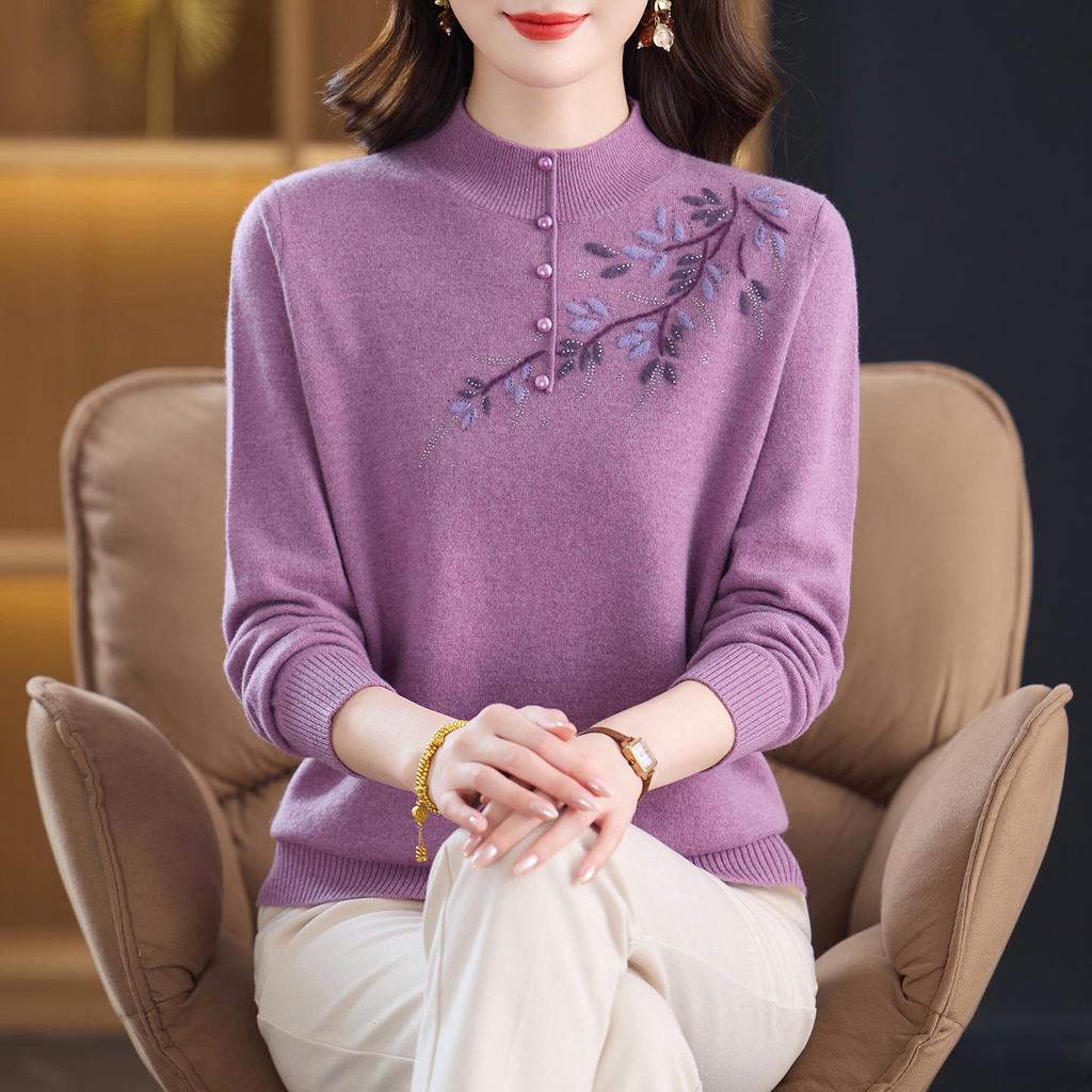 Stylish 100% Pure Wool Embroidered Sweater for Women - Autumn & Winter Half High Neck Knitted Sweater