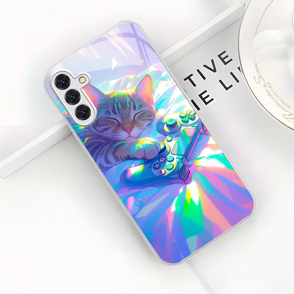 Colorful Cat Silver Plated Glass Phone Case Suitable for Samsung GalaxyS26 S25 S24 S22 S21 S20FE/Ultra/Plus Anti Fall Back Cover