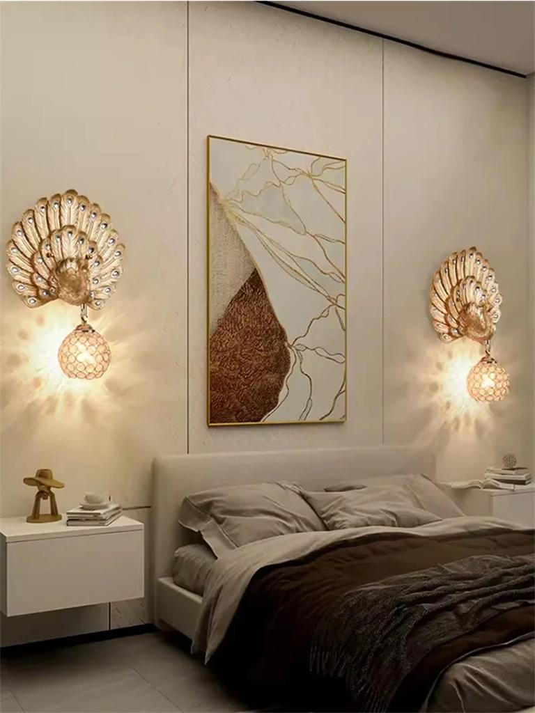 European Creative Peacock Wall Lamp Resin Crystal Lighting Decorative Dinning Living Background Bedroom Bracket Light