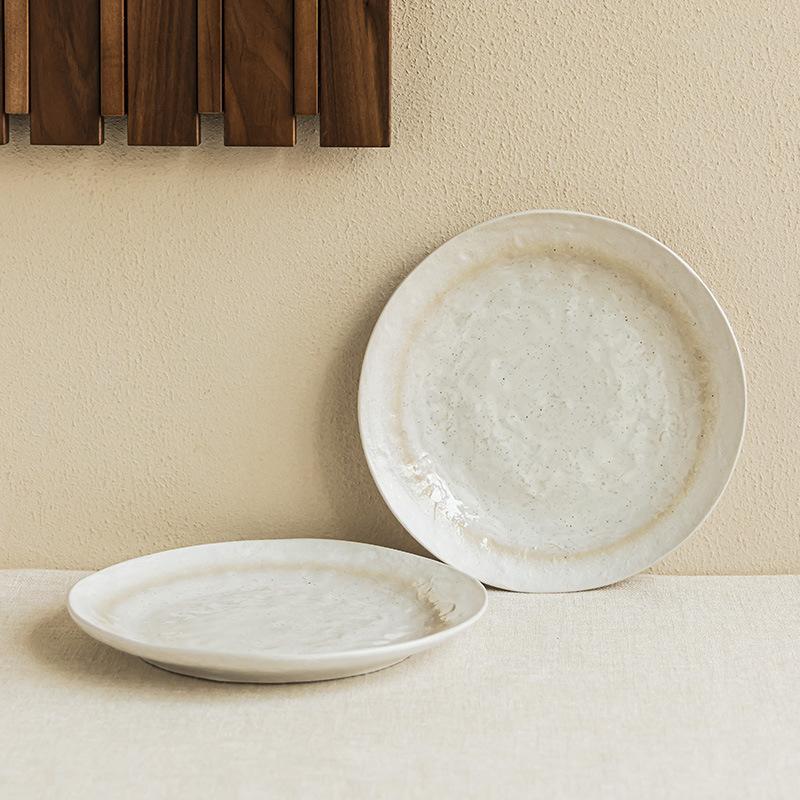 Sesame Glaze Ceramic Large Plate, Simple Tableware, Round Plate, Household Vegetable Plate, Large Western Plate, Steak Plate.