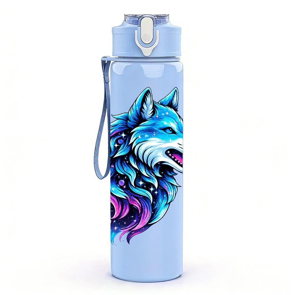 1PC Blue Purple Wolf Fantasy Animal Print 750ml Color Plastic Sports Water Bottle Leakproof Flip Straw Lid Suitable for Sports Office Home Use