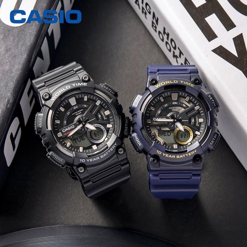 Casio Youth Series Round Dual Display Trendy Versatile Ten Year Battery Waterproof Quartz Movement Resin Strap Watch Men Watches Blue AEQ-110W-2AVDF