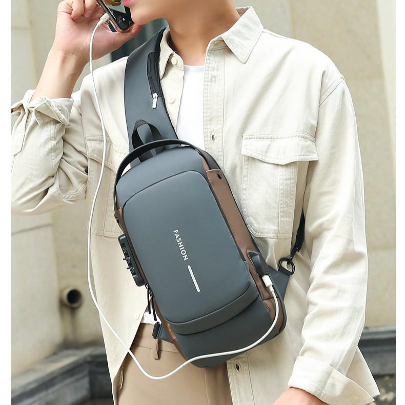 Men's Single Shoulder Crossbody Bag with Combination Lock and USB Port