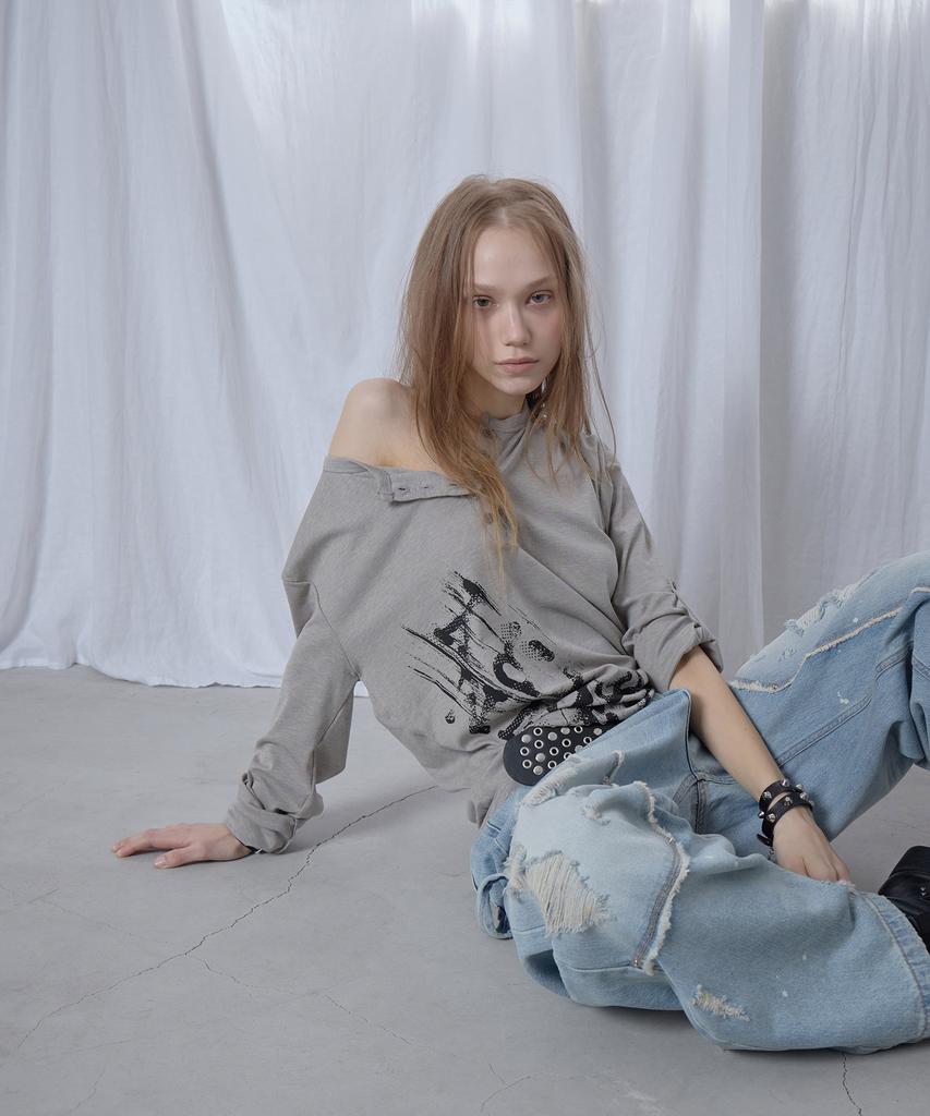Aesimeteuli Asymmetry Henry Long Sleeve Top / Gray