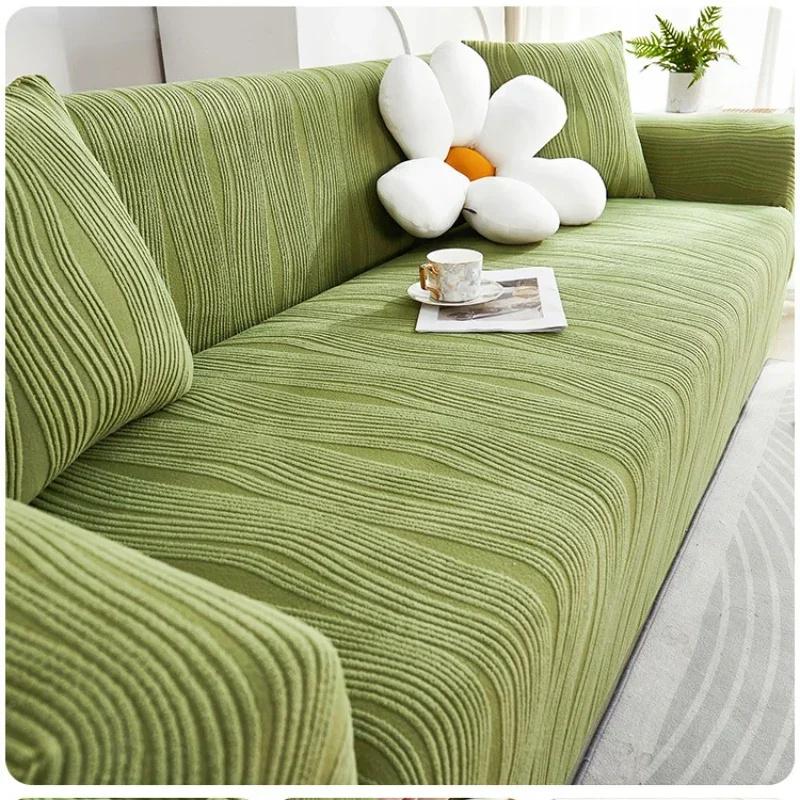 Elastischer Wellen-Jacquard-Sofabezug Gestreift Solider All-Inclusive-Staubschutz für Wohnzimmer Plüsch Anti-Katzenkratz-Sofaschutz