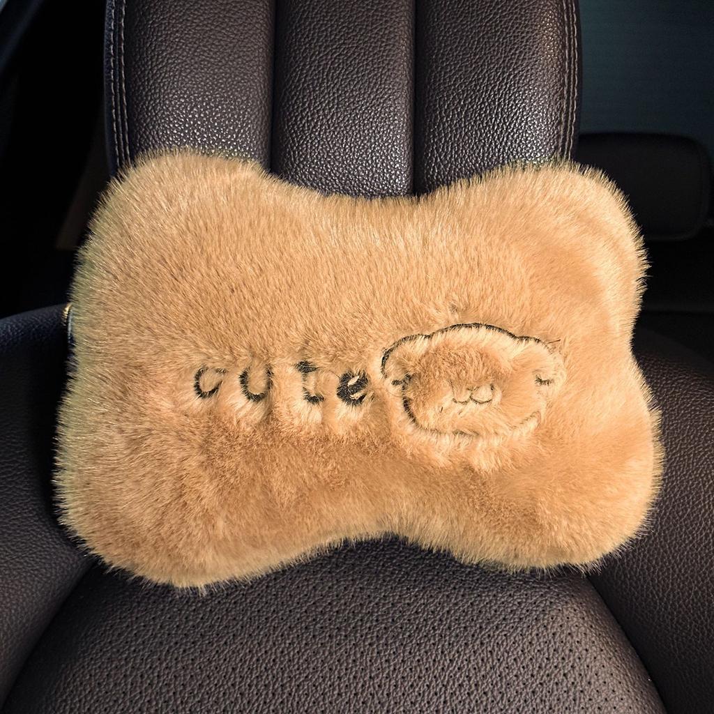 New Thick Car Plush Seat Cushion with Winter Warmth Cartoon Bear Car Seat Cover Half Pack Seat Cushion Waist Cushion Headrest