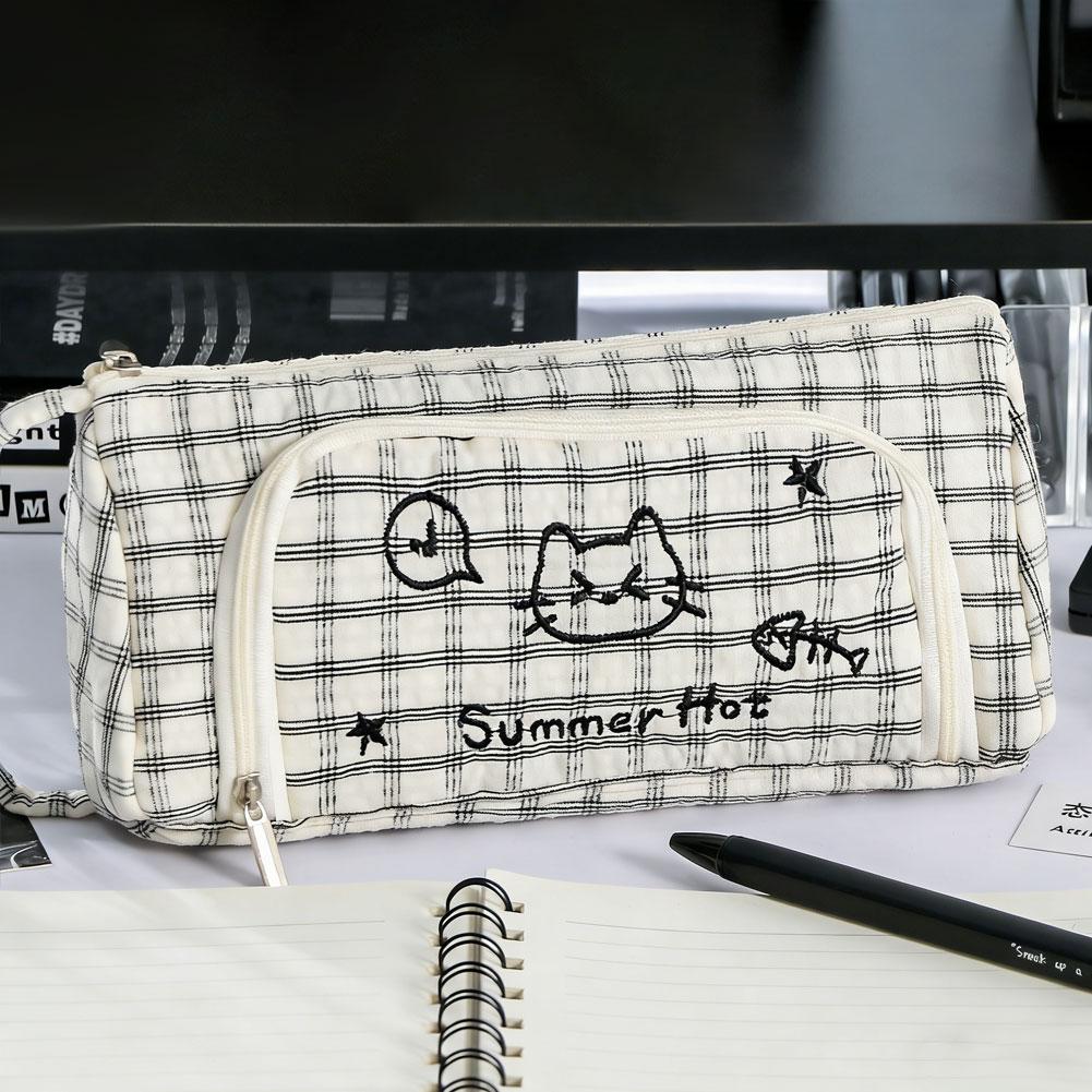

Cute Cat Mewo Plaid Handheld Pencil Case Cat Embroidery Multi Layer Large Capacity Durable Stationery Organizer for School Students Office бежевий